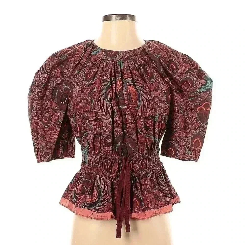 ULLA JOHNSON Cotton Blouse 2 Mireya Denisa Carmine Print Puff Sleeve Top Shirt
